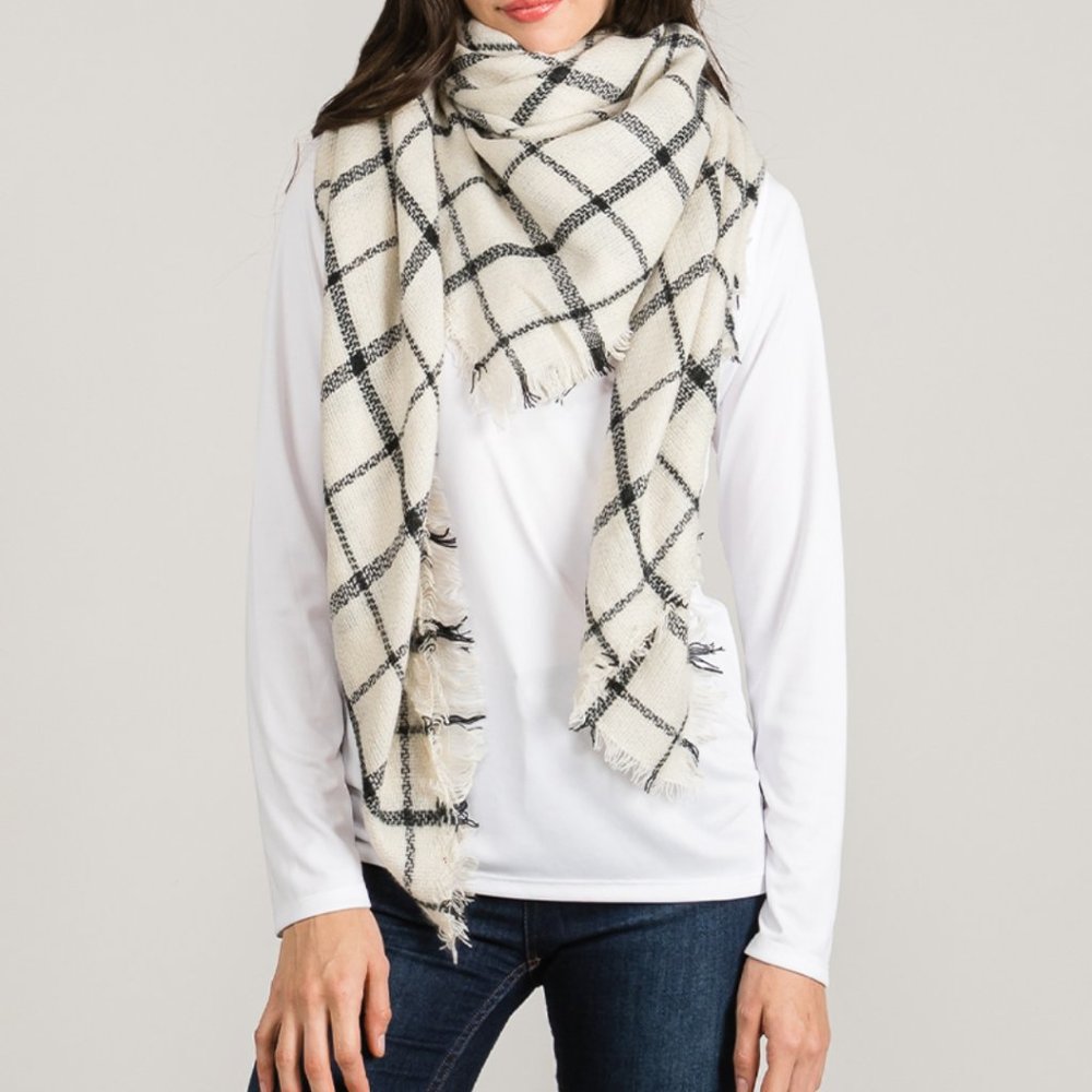 Scarf Shall Blanket Wrap Tartan Acrylic‎ Soft Black White